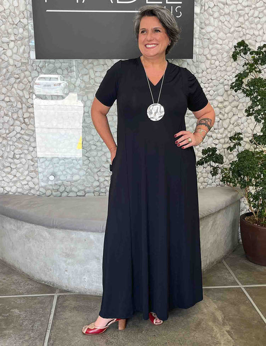 Vestido Evase Plus Size Longo Manga Curta de Fluity