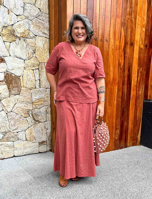 Saia Longa Plus Size de algodão com Recortes Rosa Queimado