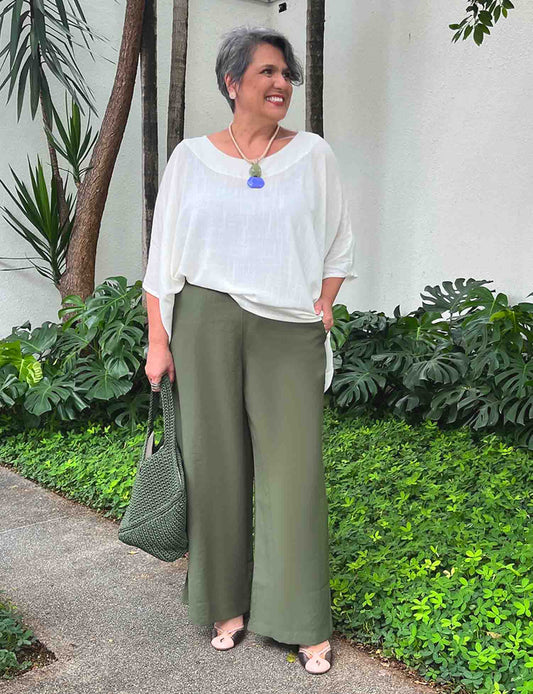 Calça Pantalona Plus Size Alfaiataria Elástico Largo