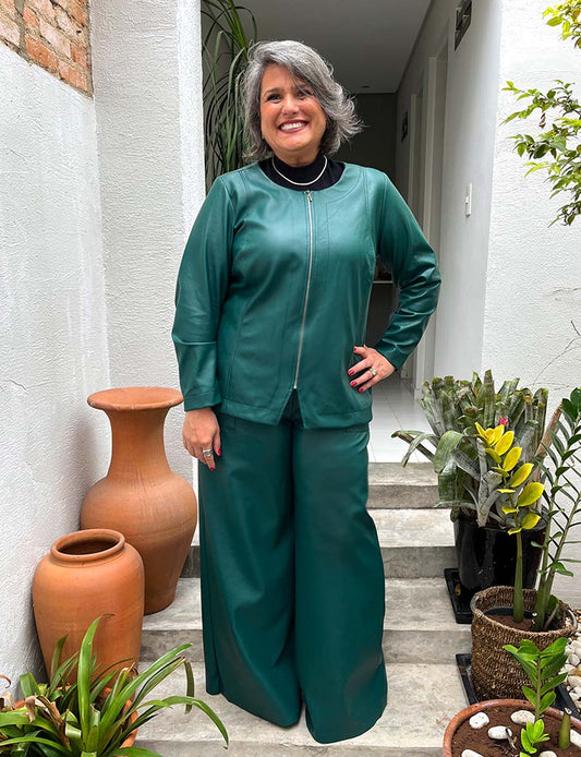 Jaqueta Plus Size Manga Longa de Couro Ecológico Verde