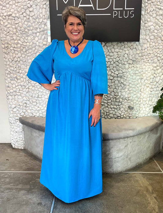 Vestido Longo Plus Size Manga Borboleta Azul Anil