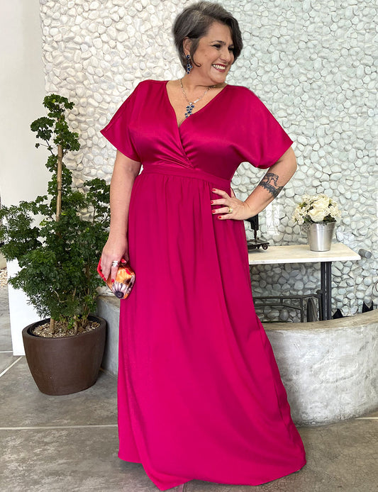 Vestido Plus Size Festa Acetinado Longo Manga Curta