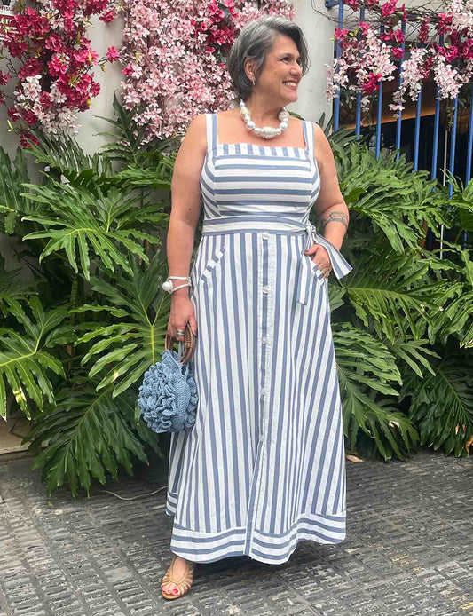 Vestido Plus Size Longo Listrado Algodão