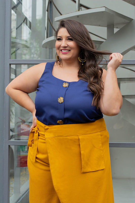 Blusa Regata Plus Size com Botões Azul Marinho
