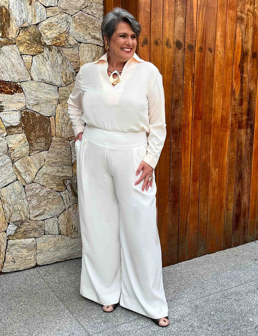 Calça Pantalona Plus Size Alfaiataria Branca