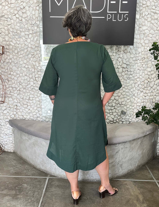 Vestido Midi Plus Size Verde Manga 3/4 com Forro