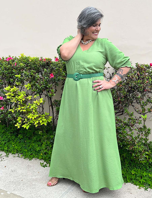 Vestido Longo Plus Size Verde Manga 7/8 com Lastex