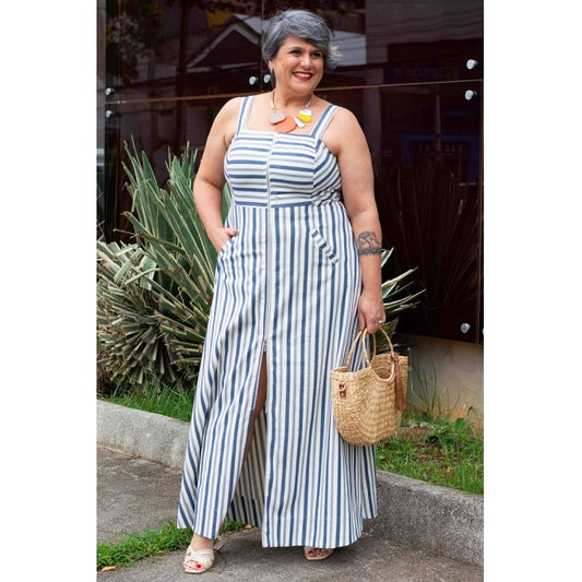 Vestido Plus Size Longo Listrado Algodão