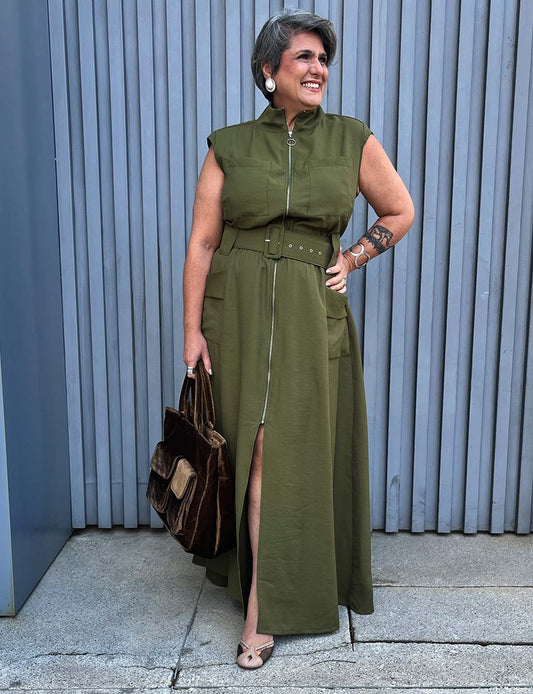 Vestido Longo Plus Size Utilitário Regata Verde