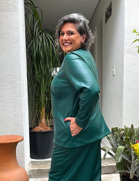 Jaqueta Plus Size Manga Longa de Couro Ecológico Verde