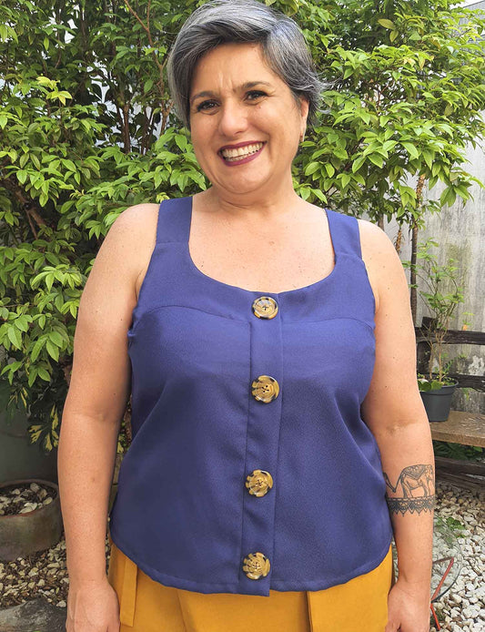 Blusa Regata Plus Size com Botões Azul Marinho