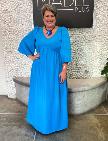 Vestido Longo Plus Size Manga Borboleta Azul Anil