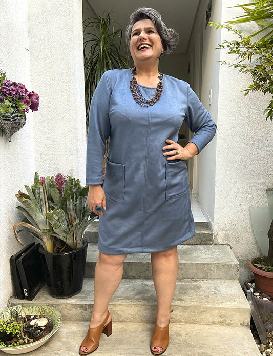 Vestido Midi Plus Size Suede Azul Dupla Face