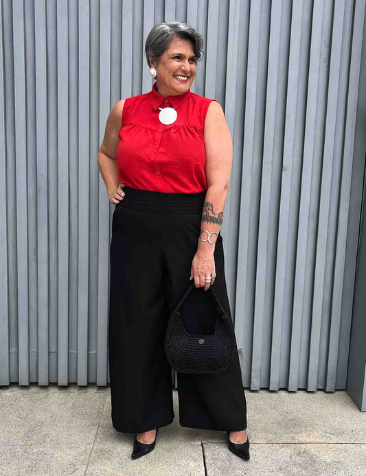 Calça Pantalona Plus Size Alfaiataria Elástico Largo