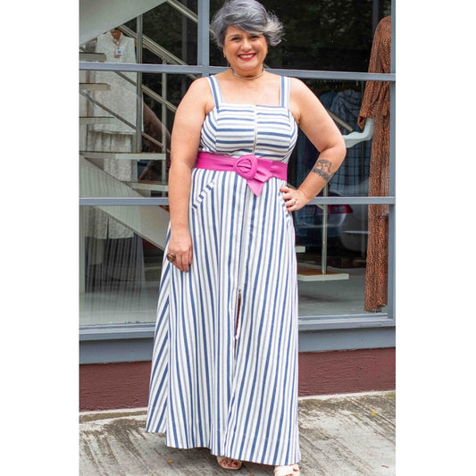 Vestido Plus Size Longo Listrado Algodão