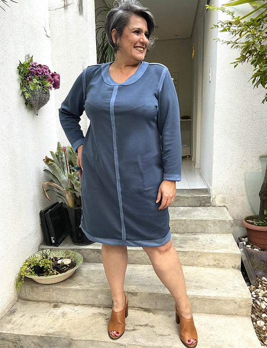 Vestido Midi Plus Size Suede Azul Dupla Face