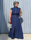 Vestido Longo Plus Size Utilitário Manga Curta Azul Marinho