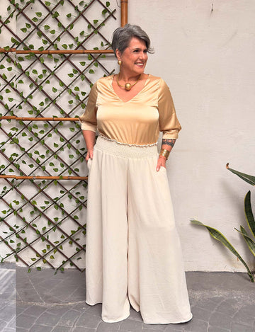 Calça Plus Size Ampla Lastex Areia