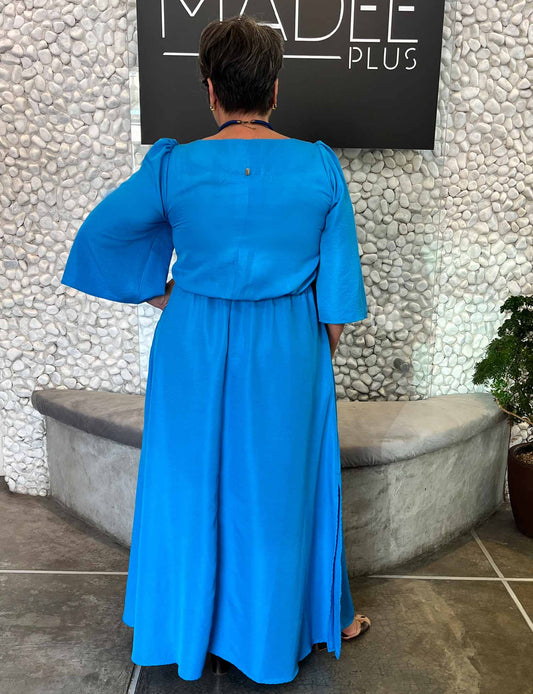 Vestido Longo Plus Size Manga Borboleta Azul Anil