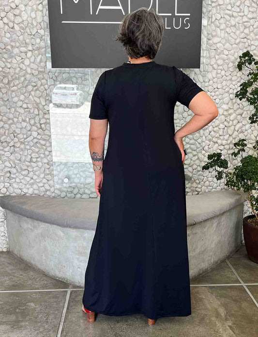 Vestido Evase Plus Size Longo Manga Curta de Fluity