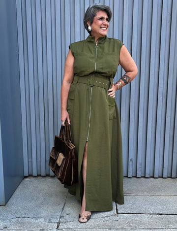 Vestido Longo Plus Size Utilitário Regata Verde