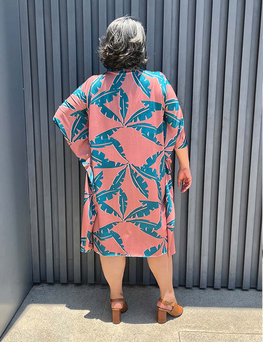 Vestido Kaftam Midi Plus Size Estampado Manga Curta